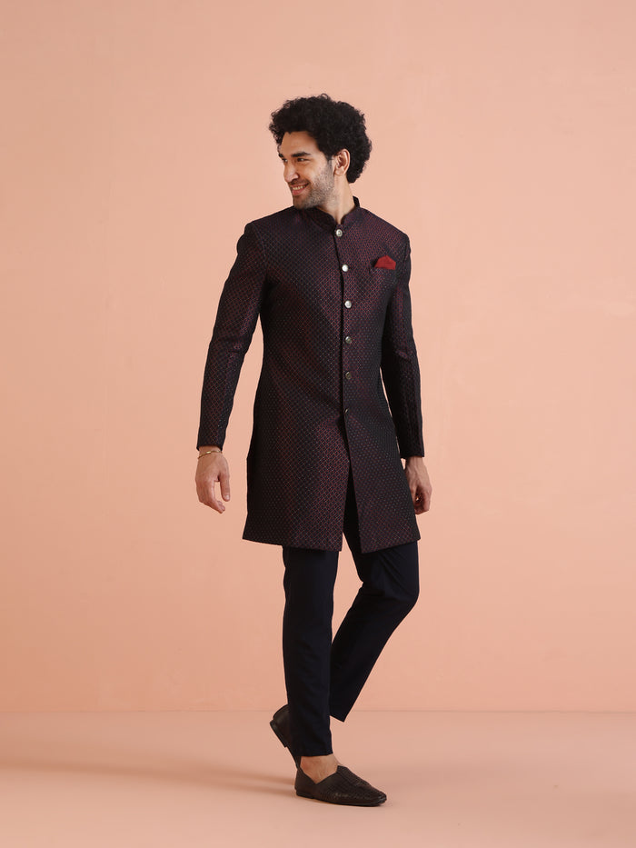Maroon Black Textured Sherwani Trouser Set