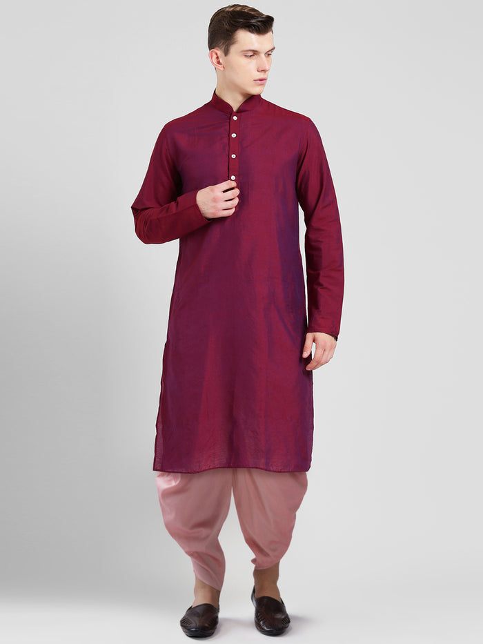Maroon Cotton Silk Kurta Dhoti Set