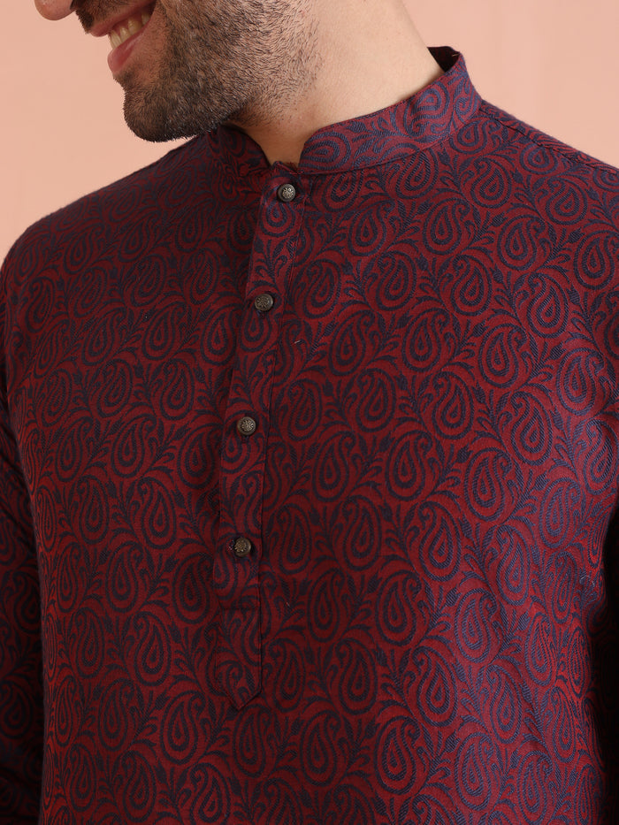 Maroon Cotton Silk Paisley Printed Kurta