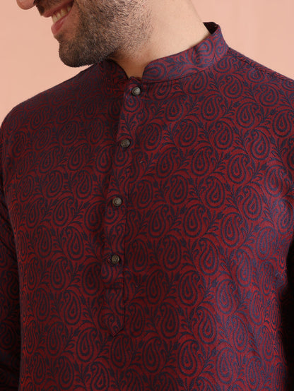 Maroon Cotton Silk Paisley Printed Kurta