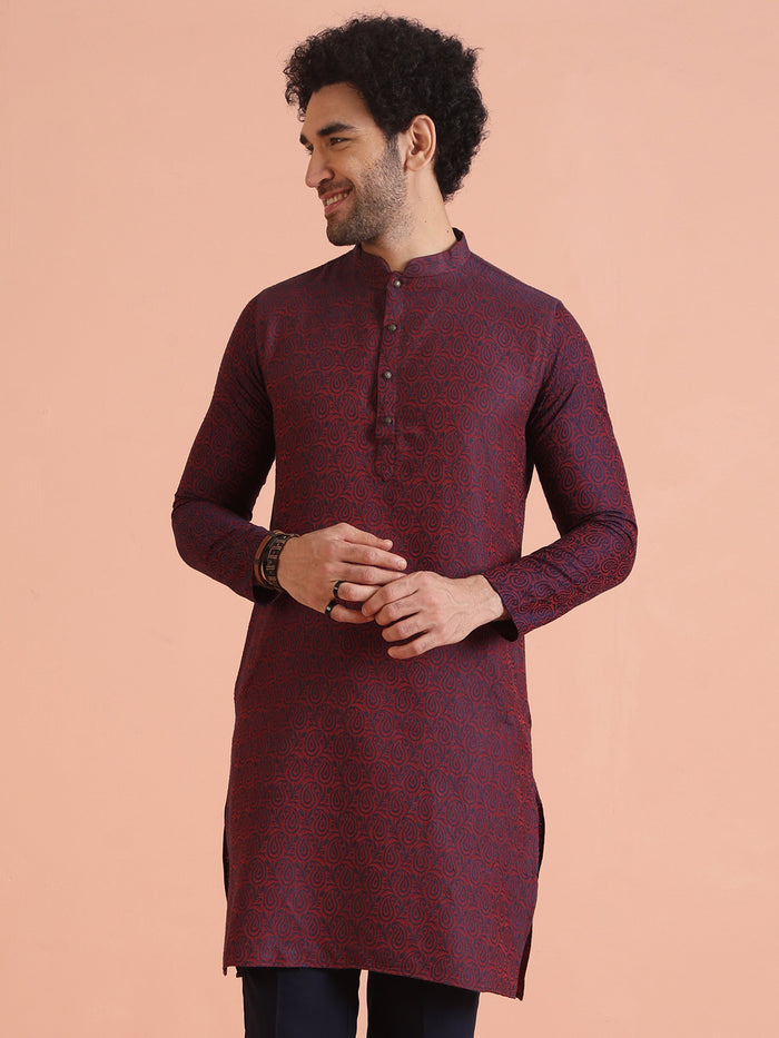 Maroon Cotton Silk Paisley Printed Kurta