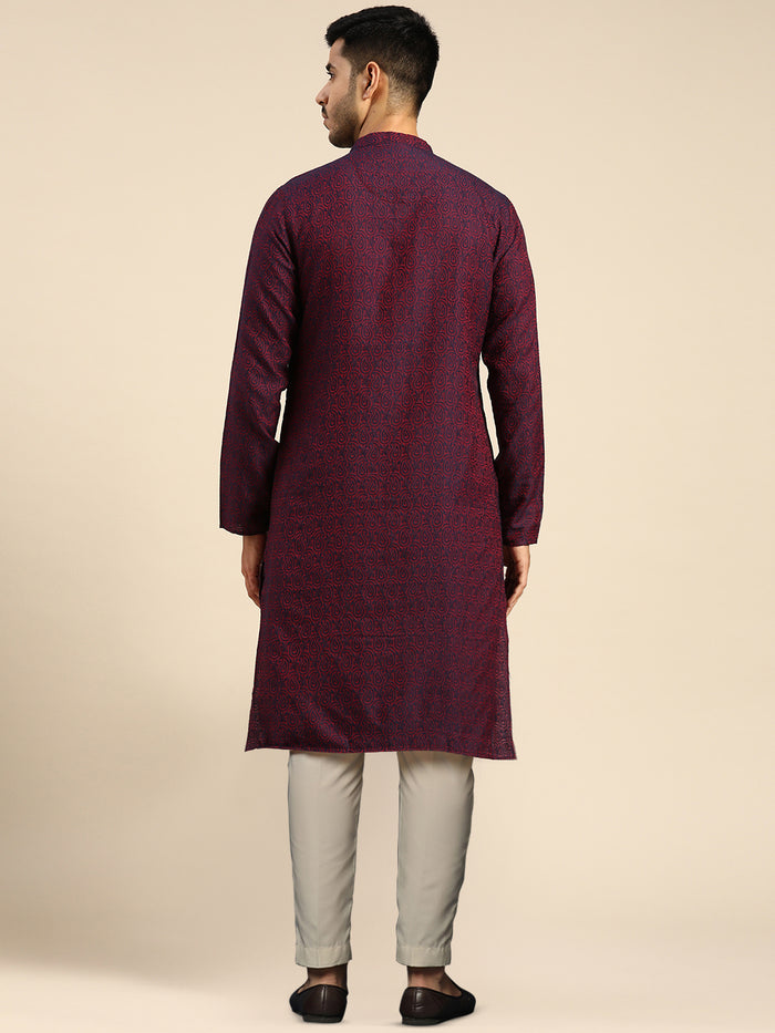Maroon Cotton Silk Printed Kurta with Trouser