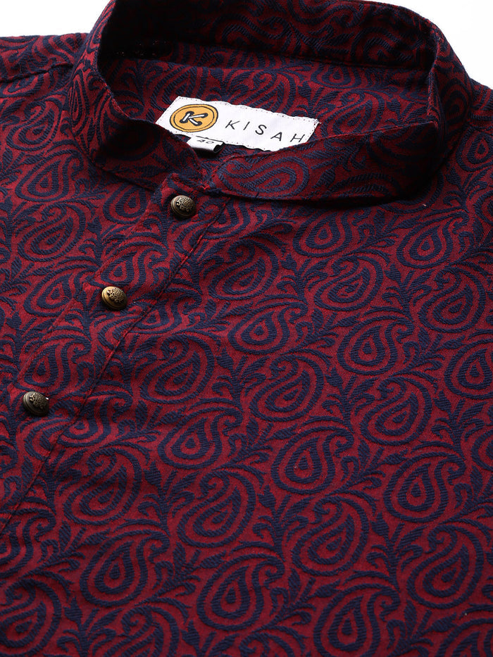Maroon Cotton Silk Printed Kurta with Trouser