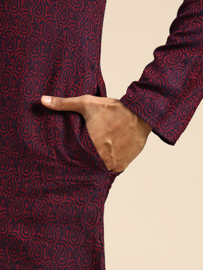 Maroon Cotton Silk Printed Kurta with Trouser