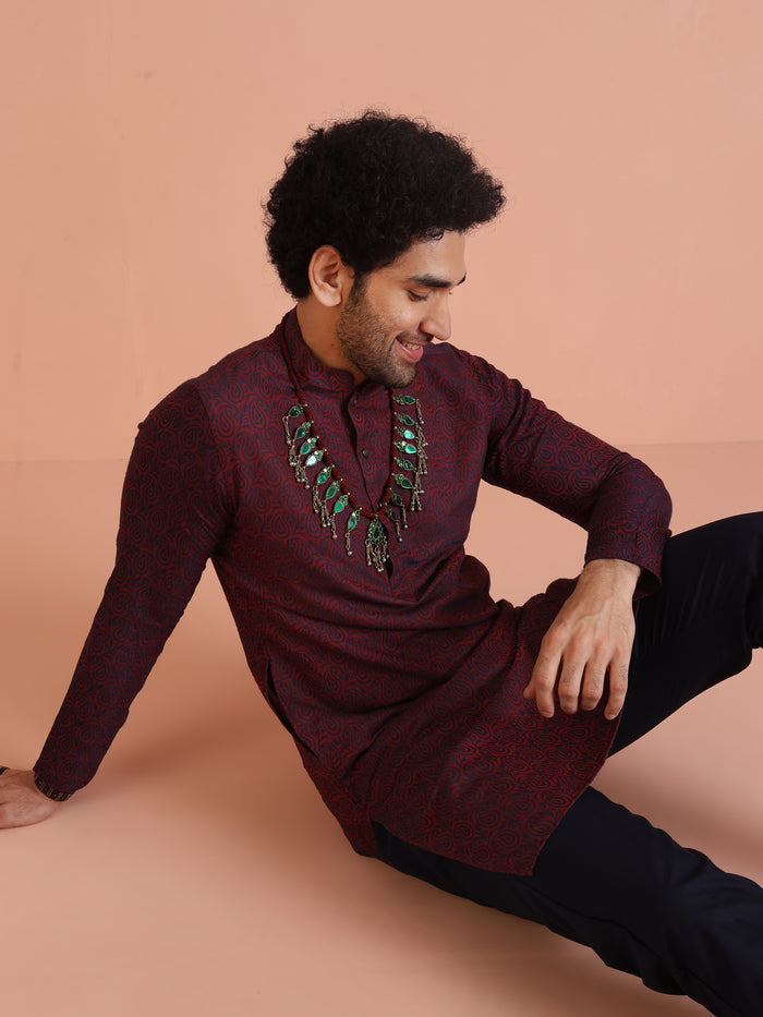 Maroon Cotton Silk Printed Kurta with Trouser