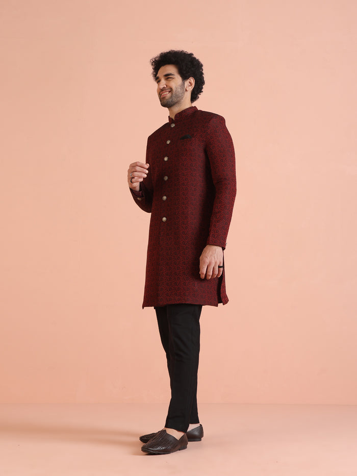 Maroon Jacquard Sherwani with Black Trouser