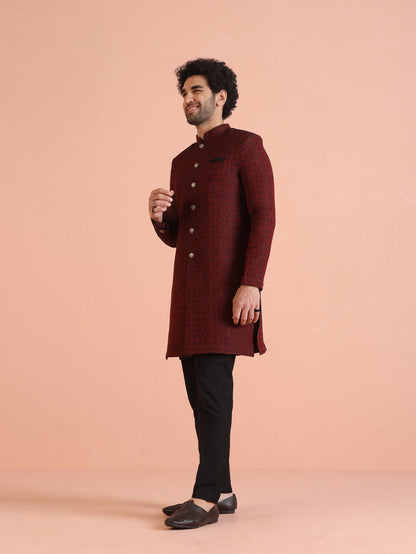 Maroon Jacquard Sherwani with Black Trouser