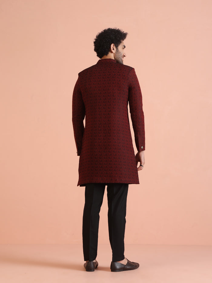Maroon Jacquard Sherwani with Black Trouser