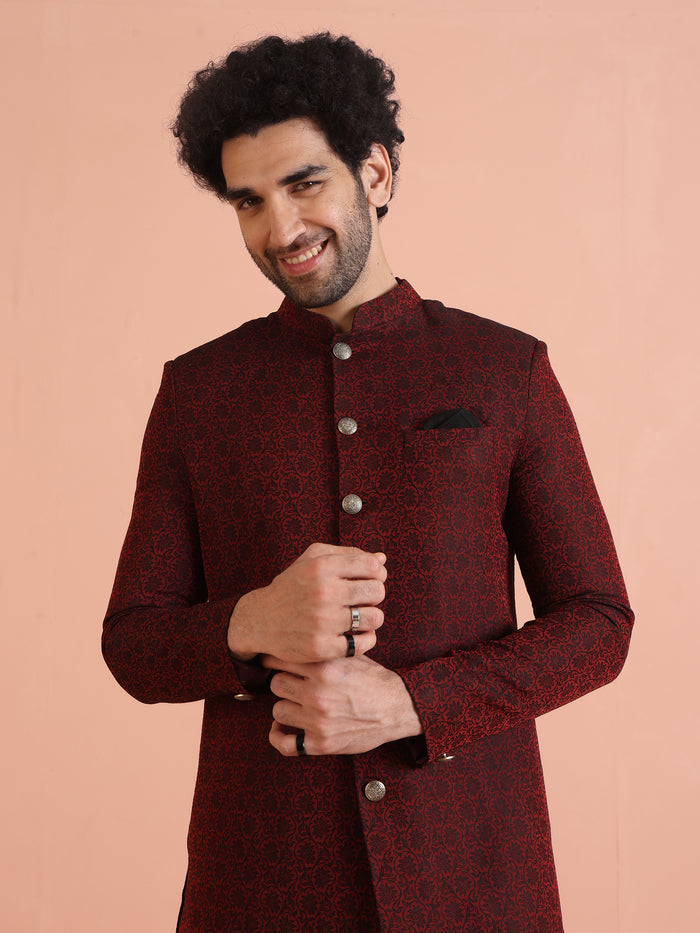 Maroon Jacquard Sherwani with Black Trouser