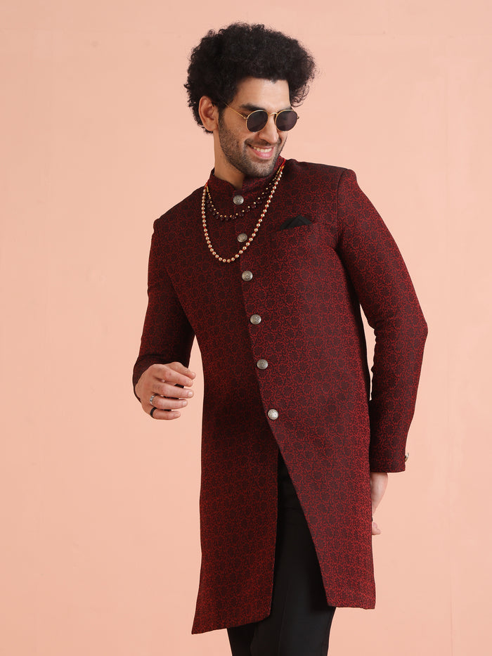 Maroon Jacquard Sherwani with Black Trouser