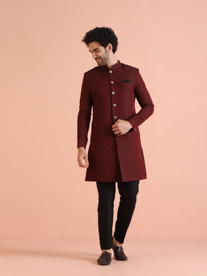 Maroon Jacquard Sherwani with Black Trouser