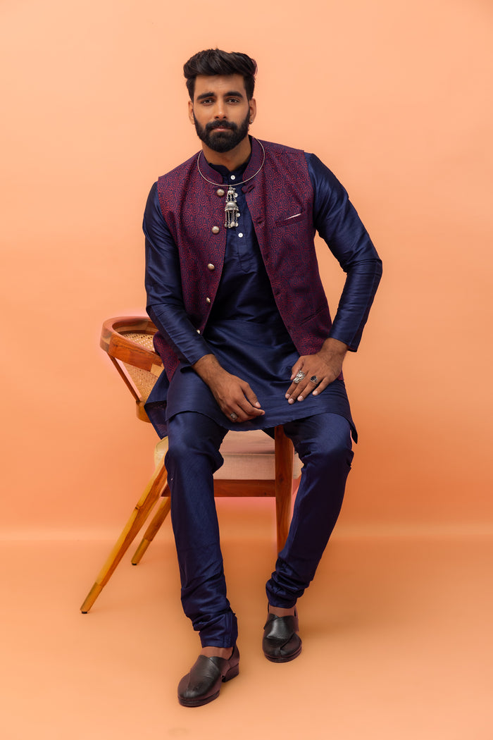 Maroon Navy Silk Blend Woven Jacket Kurta Churidar Set