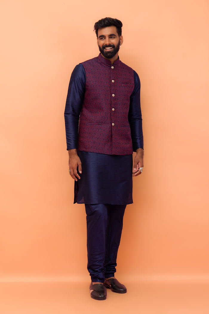 Maroon Navy Silk Blend Woven Jacket Kurta Churidar Set