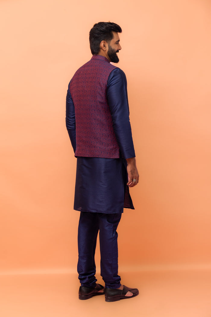 Maroon Navy Silk Blend Woven Jacket Kurta Churidar Set