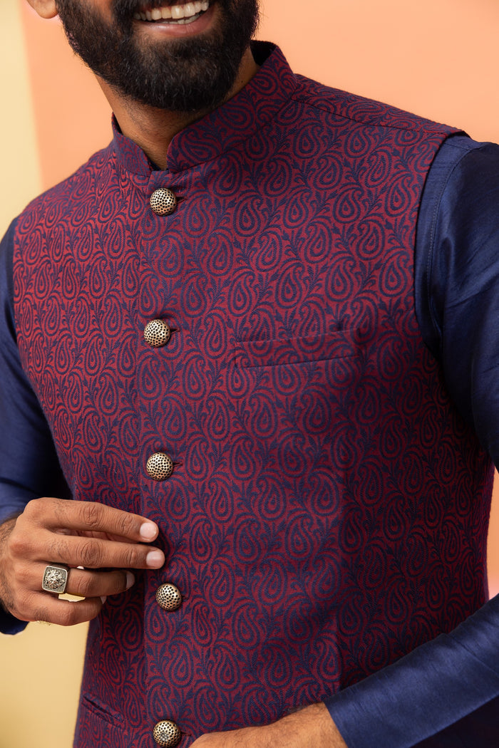 Maroon Navy Silk Blend Woven Jacket Kurta Churidar Set