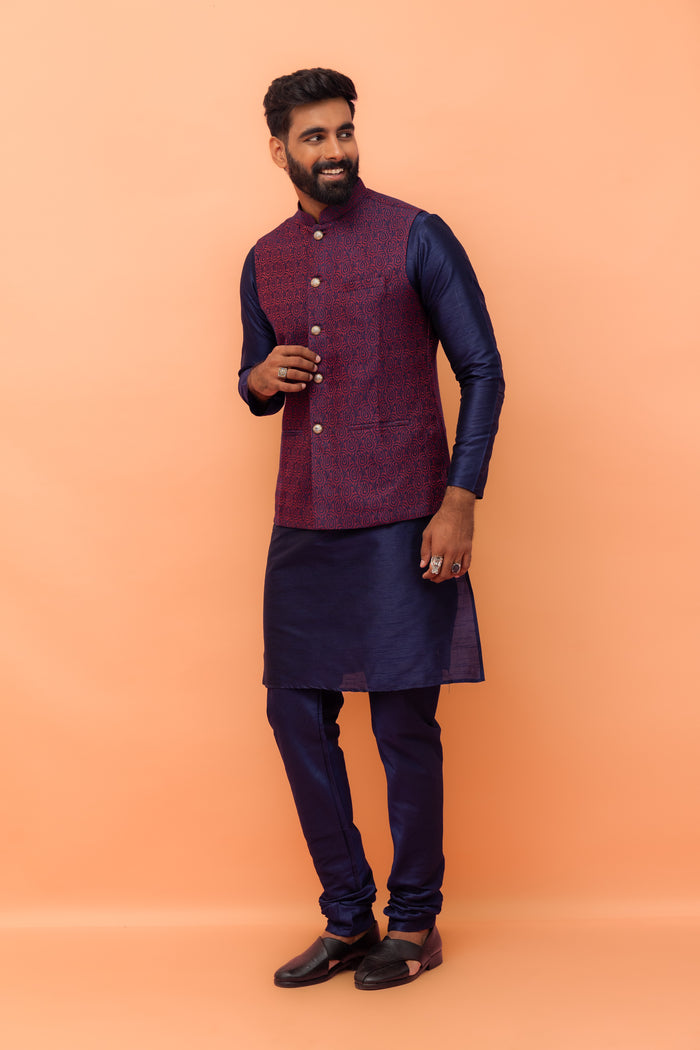 Maroon Navy Silk Blend Woven Jacket Kurta Churidar Set