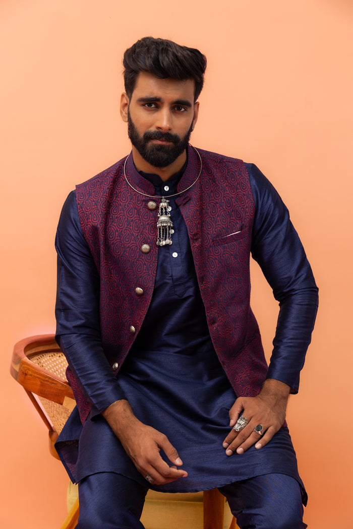 Maroon Navy Silk Blend Woven Jacket Kurta Churidar Set
