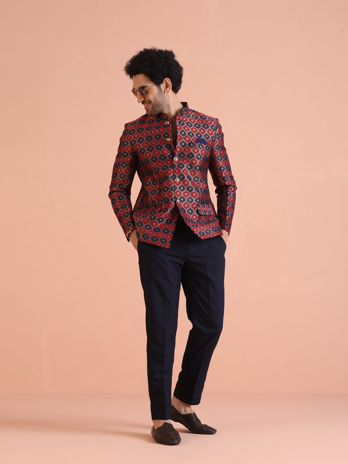 Maroon Silk Blend Geometric Jodhpuri Bandhgala Set
