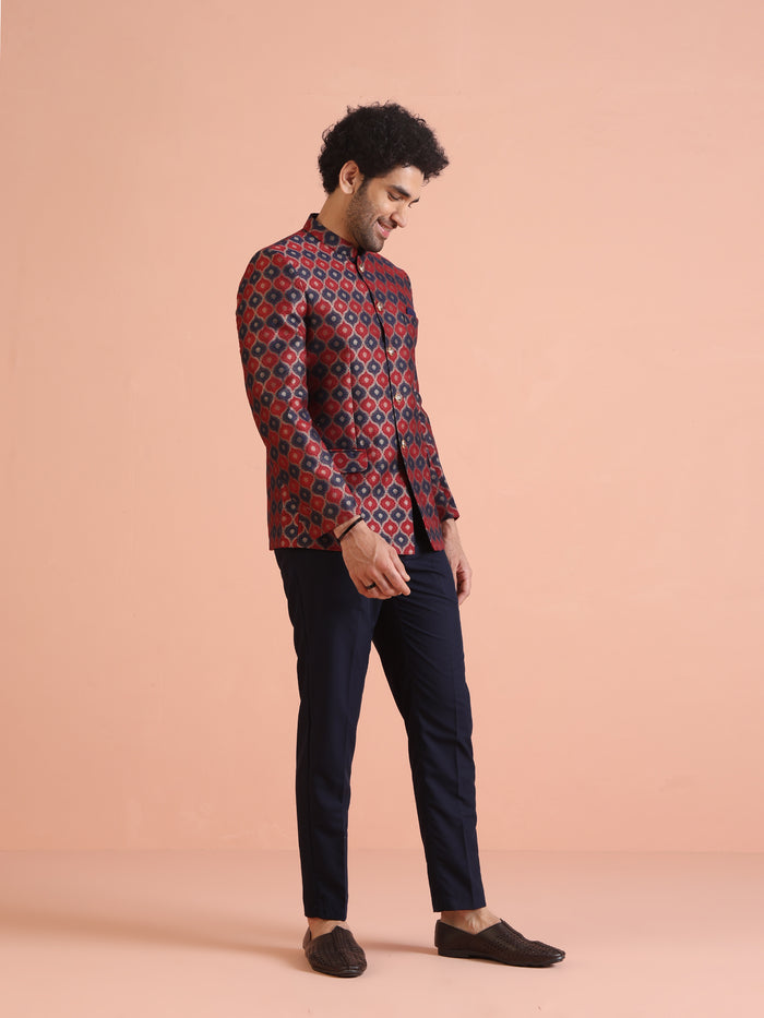 Maroon Silk Blend Geometric Jodhpuri Bandhgala Set