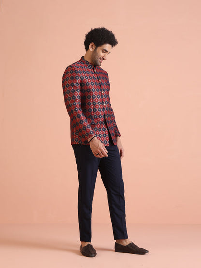 Maroon Silk Blend Geometric Jodhpuri Bandhgala Set
