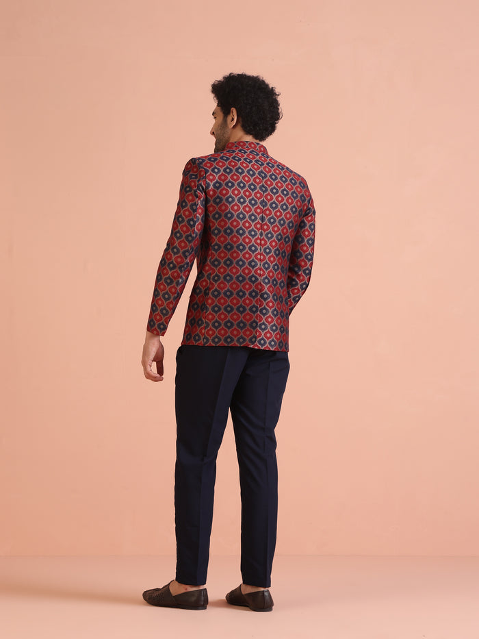 Maroon Silk Blend Geometric Jodhpuri Bandhgala Set