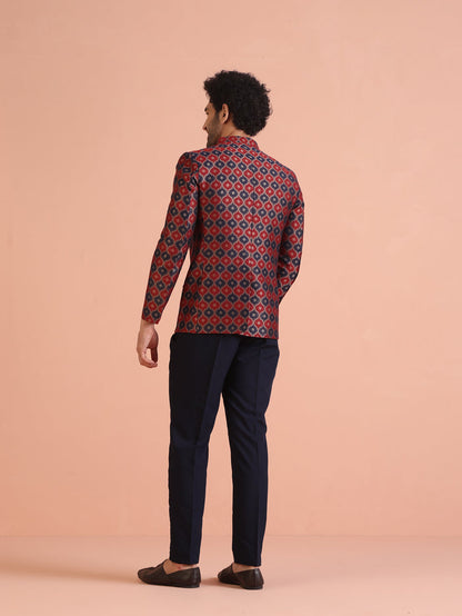 Maroon Silk Blend Geometric Jodhpuri Bandhgala Set