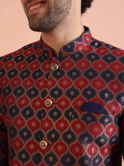 Maroon Silk Blend Geometric Jodhpuri Bandhgala Set