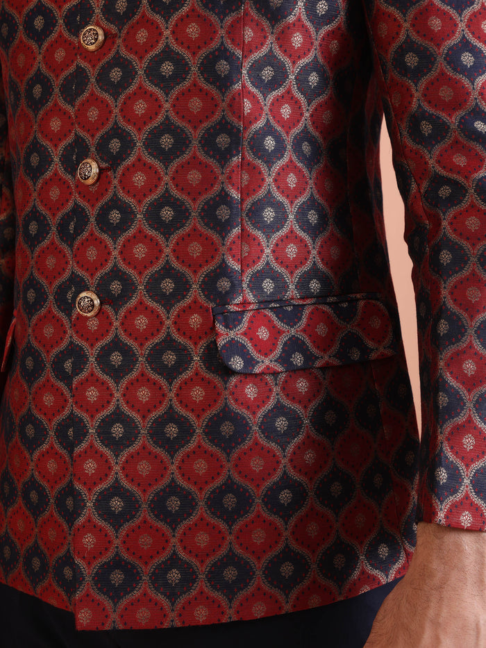 Maroon Silk Blend Geometric Jodhpuri Bandhgala Set