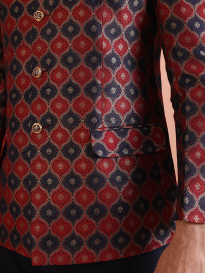 Maroon Silk Blend Geometric Jodhpuri Bandhgala Set