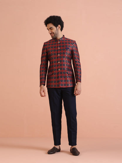 Maroon Silk Blend Geometric Jodhpuri Bandhgala Set