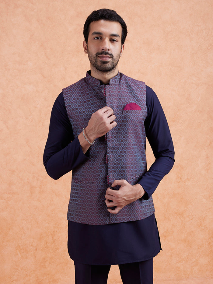 Maroon Silk Blend Geometric Nehru Jacket