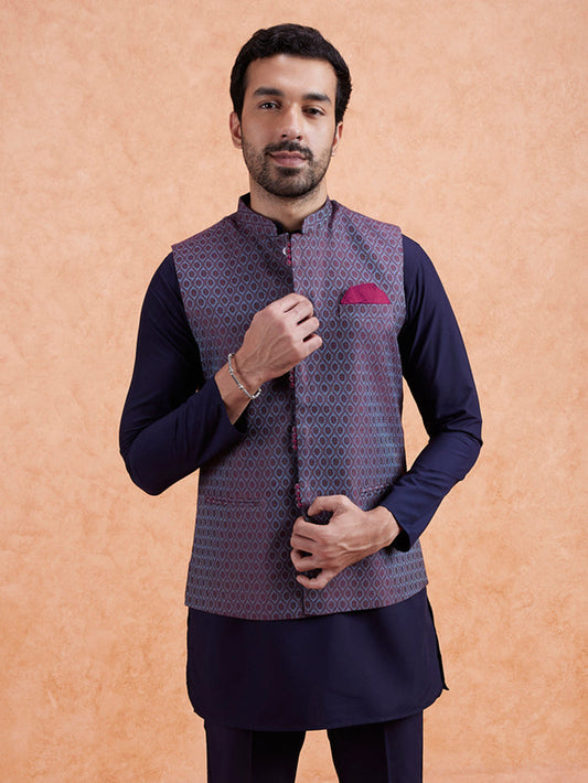 Maroon Silk Blend Geometric Nehru Jacket