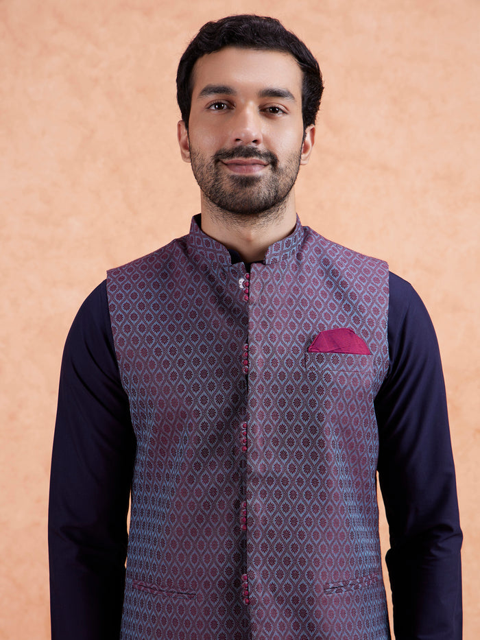 Maroon Silk Blend Geometric Nehru Jacket