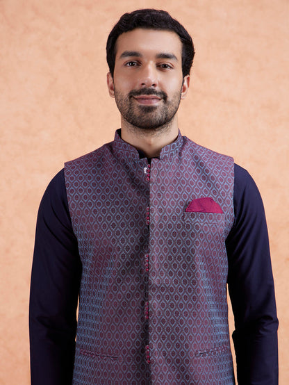 Maroon Silk Blend Geometric Nehru Jacket