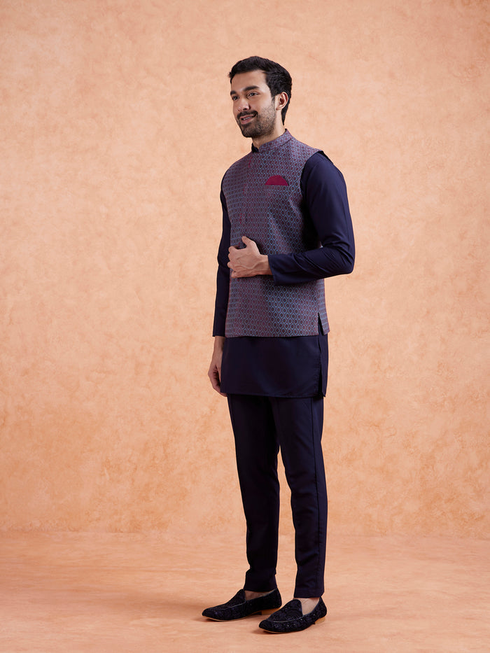 Maroon Silk Blend Geometric Nehru Jacket