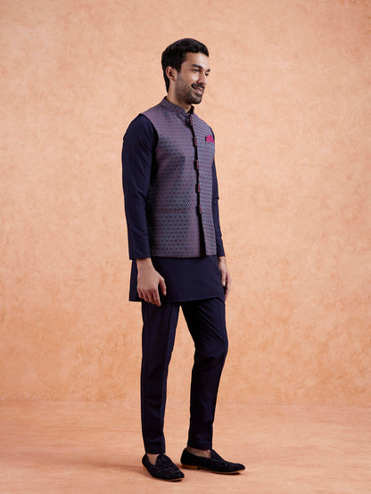 Maroon Silk Blend Geometric Nehru Jacket