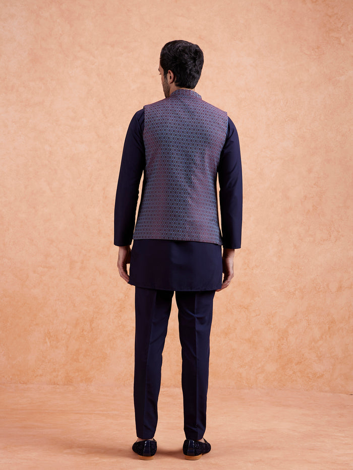 Maroon Silk Blend Geometric Nehru Jacket