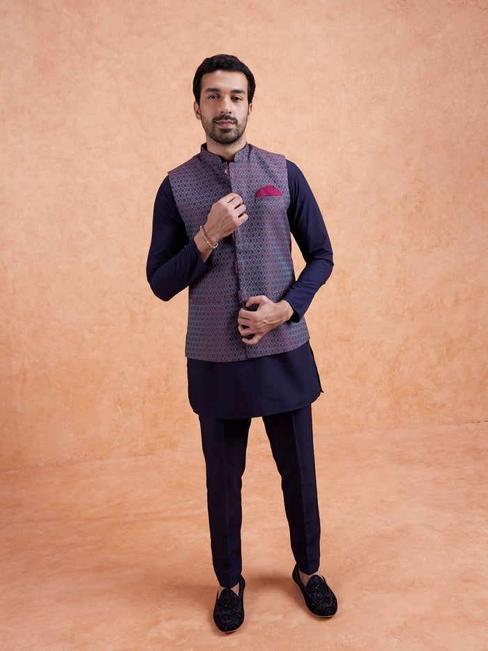 Maroon Silk Blend Geometric Nehru Jacket