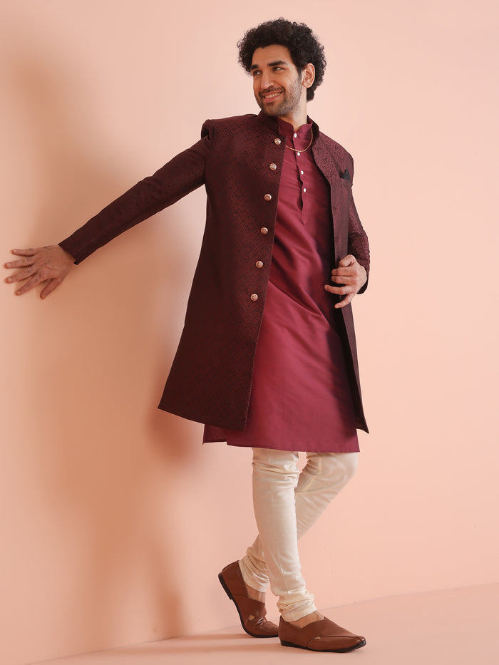 Maroon Silk Blend Indo-Western Sherwani Set with Jacquard Jacket and Cream Churidar â€“ Wedding & Reception Ensemble