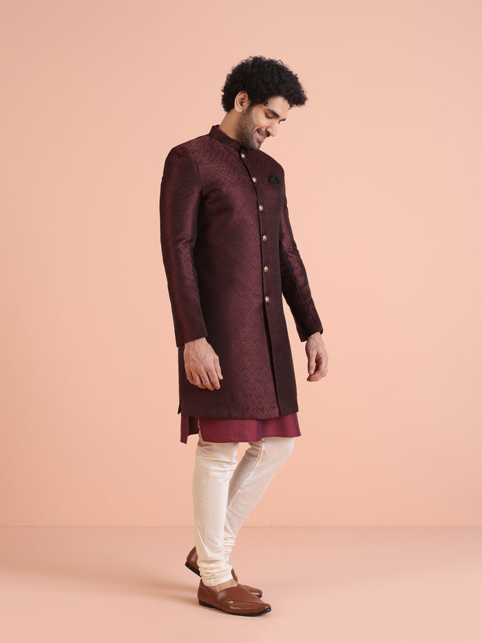 Maroon Silk Blend Indo-Western Sherwani Set with Jacquard Jacket and Cream Churidar â€“ Wedding & Reception Ensemble