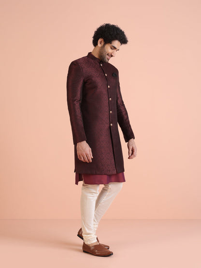 Maroon Silk Blend Indo-Western Sherwani Set with Jacquard Jacket and Cream Churidar â€“ Wedding & Reception Ensemble