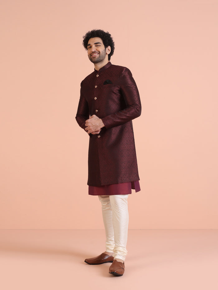 Maroon Silk Blend Indo-Western Sherwani Set with Jacquard Jacket and Cream Churidar â€“ Wedding & Reception Ensemble