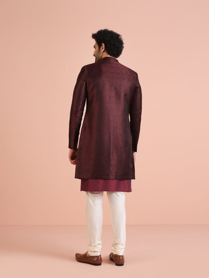 Maroon Silk Blend Indo-Western Sherwani Set with Jacquard Jacket and Cream Churidar â€“ Wedding & Reception Ensemble