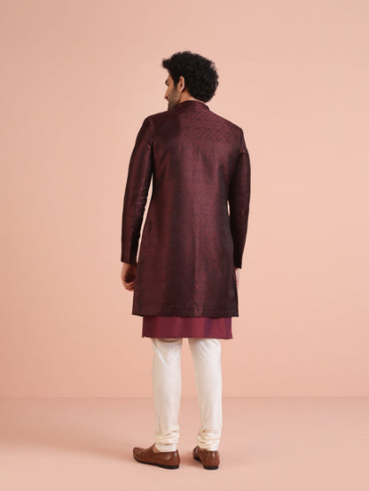 Maroon Silk Blend Indo-Western Sherwani Set with Jacquard Jacket and Cream Churidar â€“ Wedding & Reception Ensemble