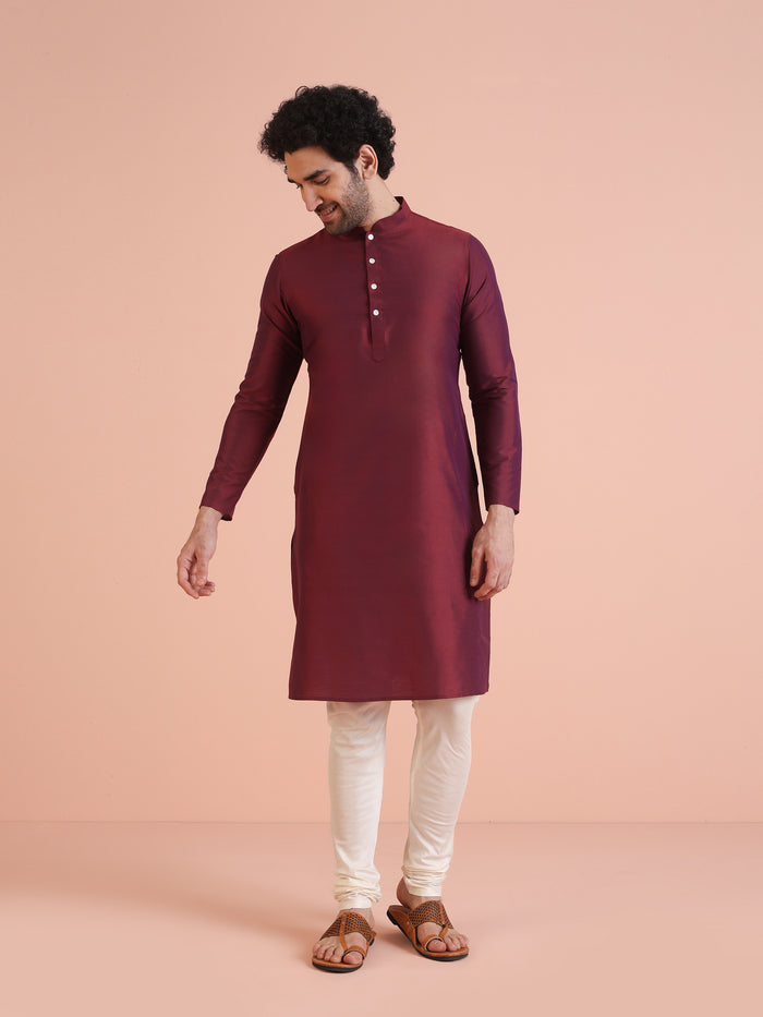 Maroon Silk Blend Indo-Western Sherwani Set with Jacquard Jacket and Cream Churidar â€“ Wedding & Reception Ensemble