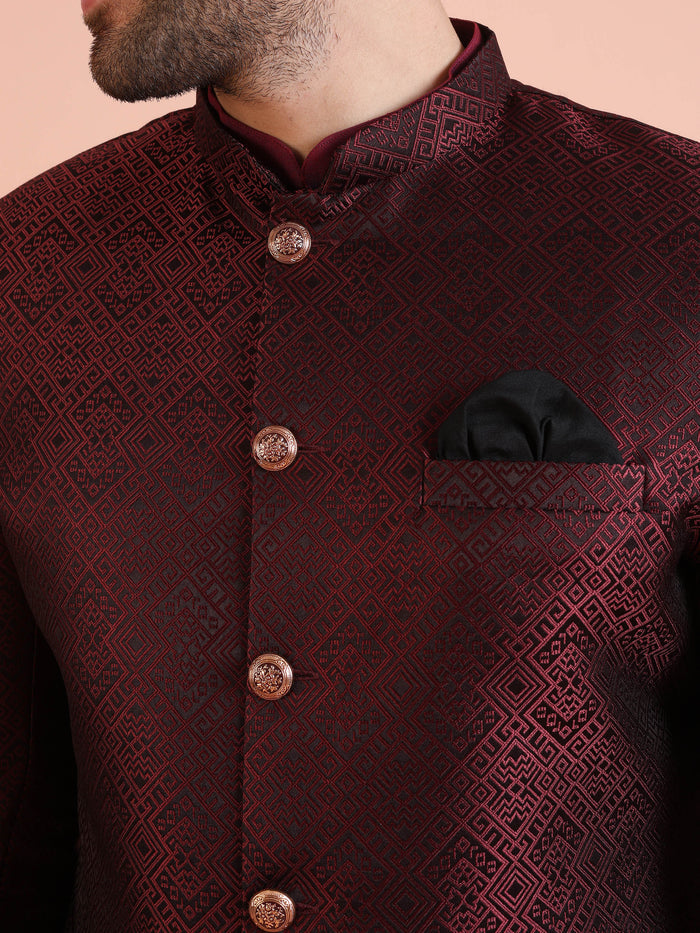 Maroon Silk Blend Indo-Western Sherwani Set with Jacquard Jacket and Cream Churidar â€“ Wedding & Reception Ensemble