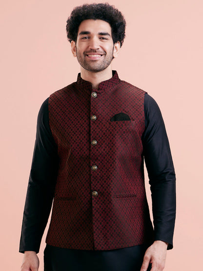 Maroon Silk Blend Jacquard Nehru Jacket