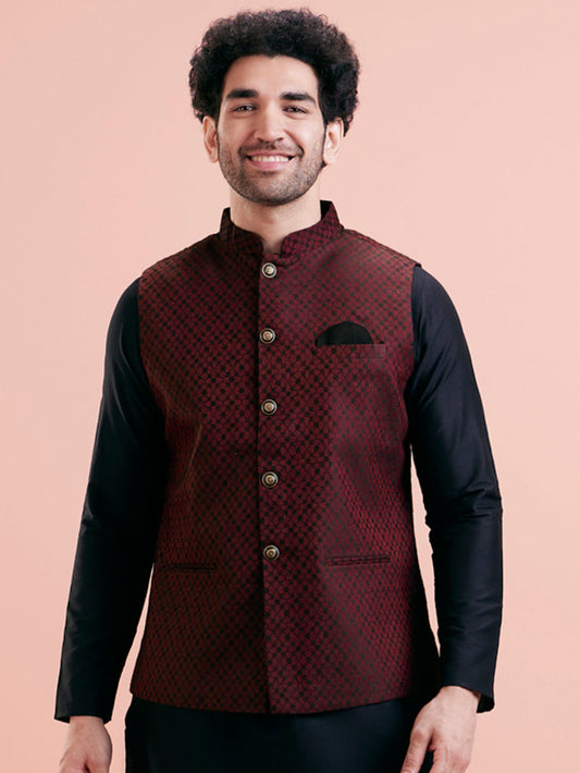 Maroon Silk Blend Jacquard Nehru Jacket