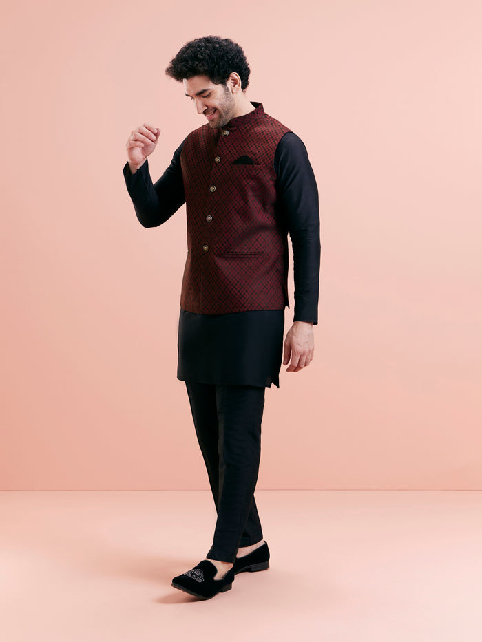 Maroon Silk Blend Jacquard Nehru Jacket