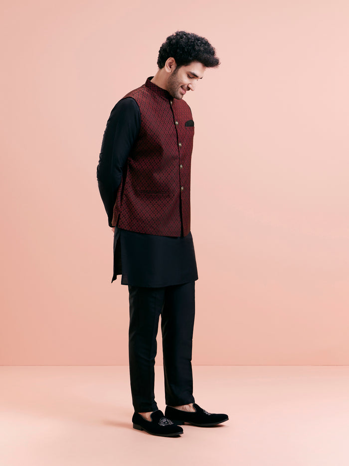 Maroon Silk Blend Jacquard Nehru Jacket
